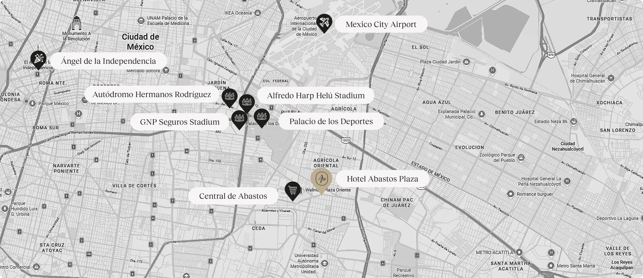 Map of the area with Hotel Abastos Plaza and points of interest